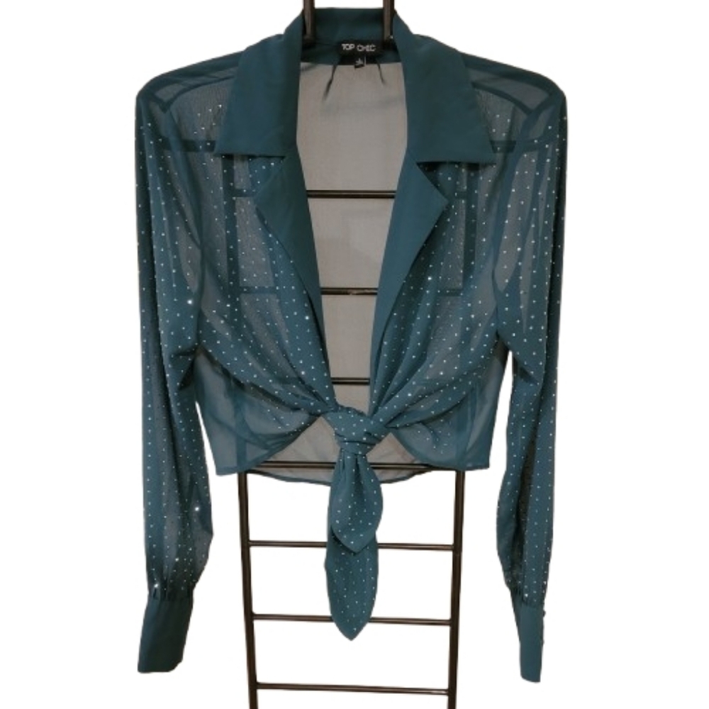 Top Chic Tie Front Semi Sheer Sparkle Studded Cropped Blouse Forest Green L - Picture 3 of 14